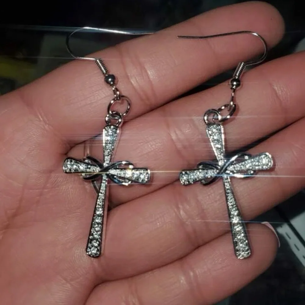 New Woman’s Sterling Silver Infinity Crucifix Cross White Sapphire Earrings